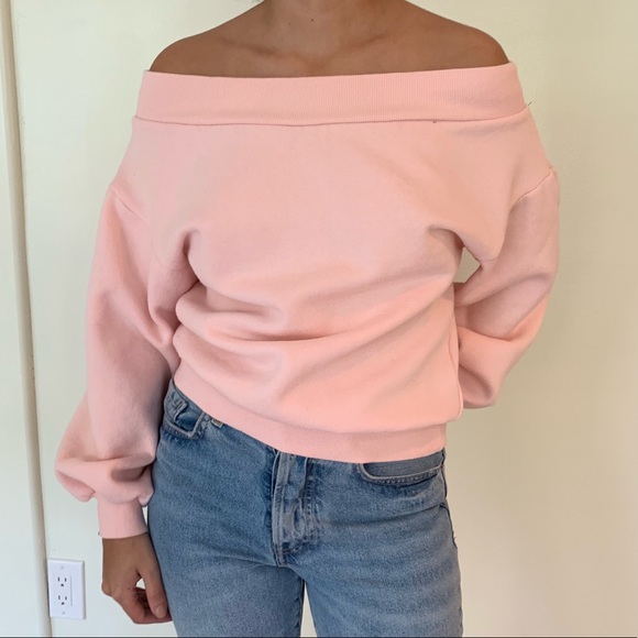 pink off the shoulder sweatshirt